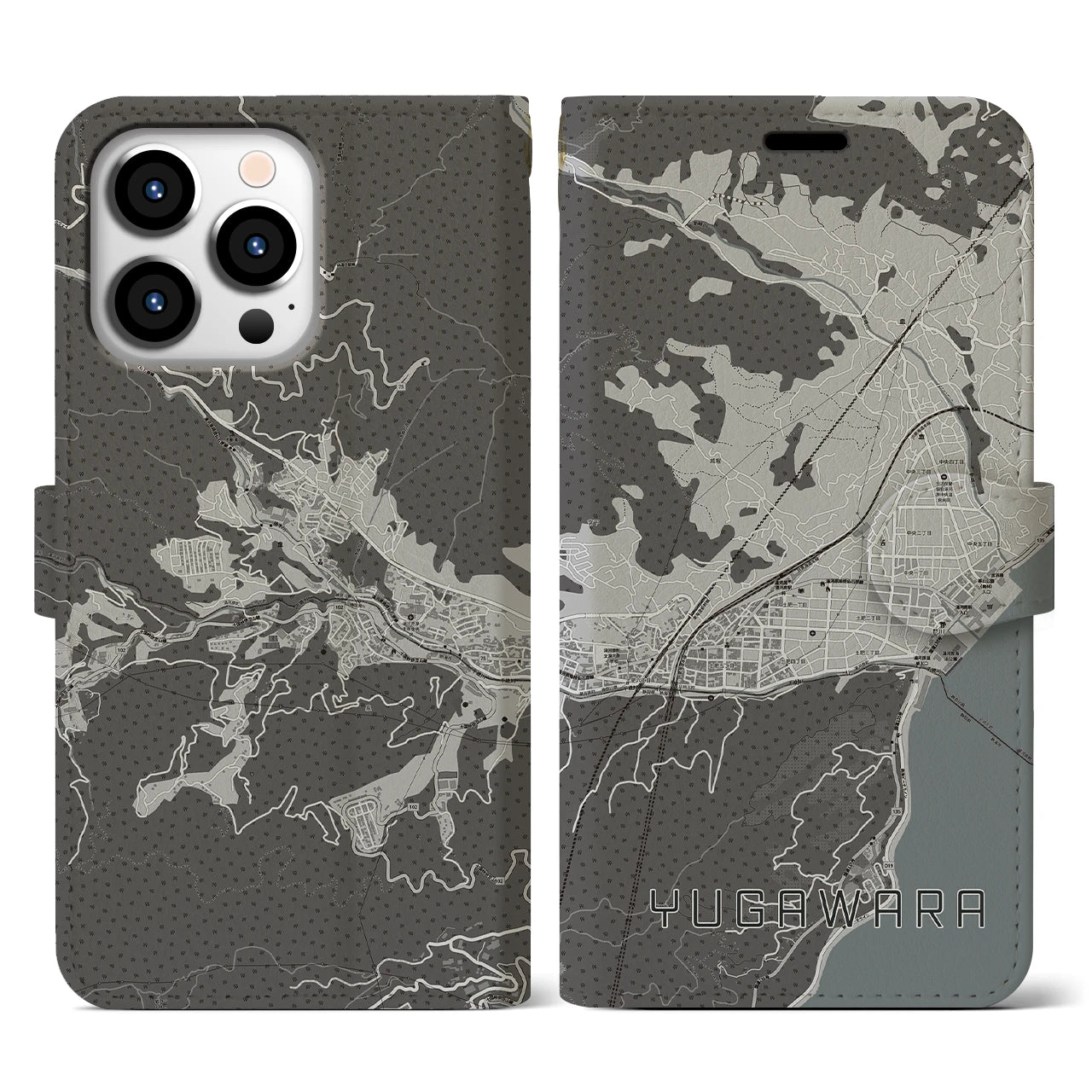 【湯河原(神奈川県)】地図柄iPhoneケース(手帳タイプ)モノトーン・iPhone 13 Pro 用