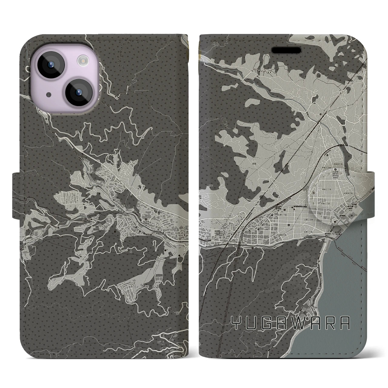 【湯河原(神奈川県)】地図柄iPhoneケース(手帳タイプ)モノトーン・iPhone 14 用