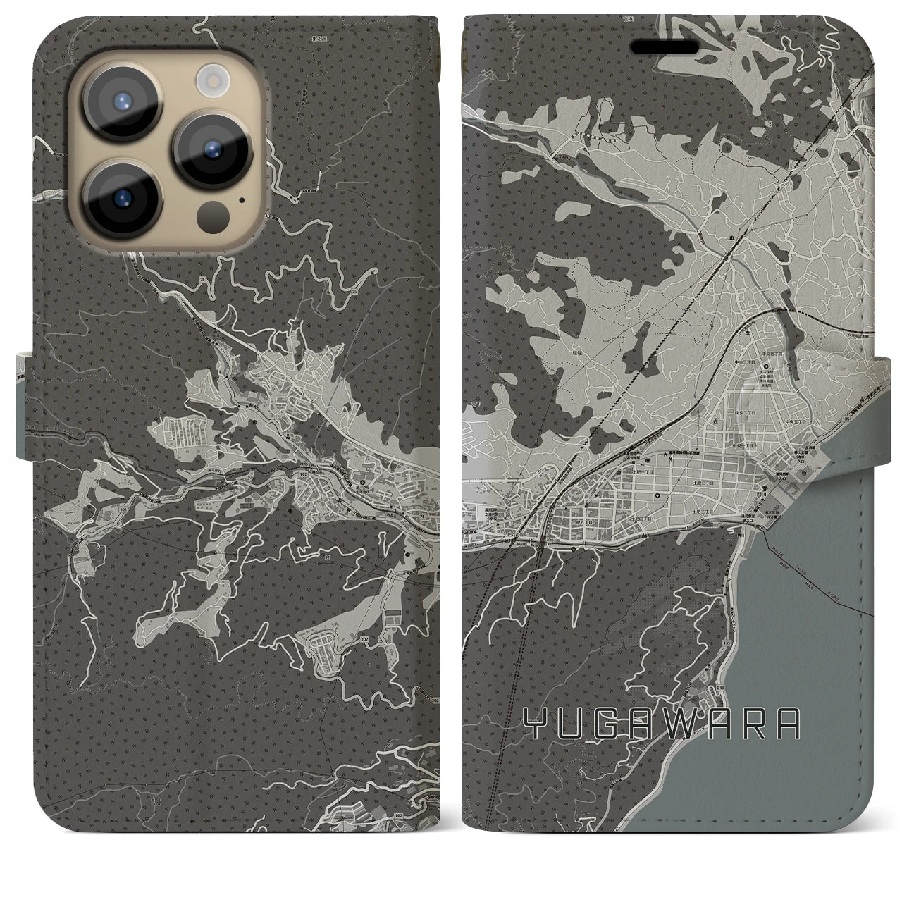 【湯河原(神奈川県)】地図柄iPhoneケース(手帳タイプ)モノトーン・iPhone 14 Pro Max 用