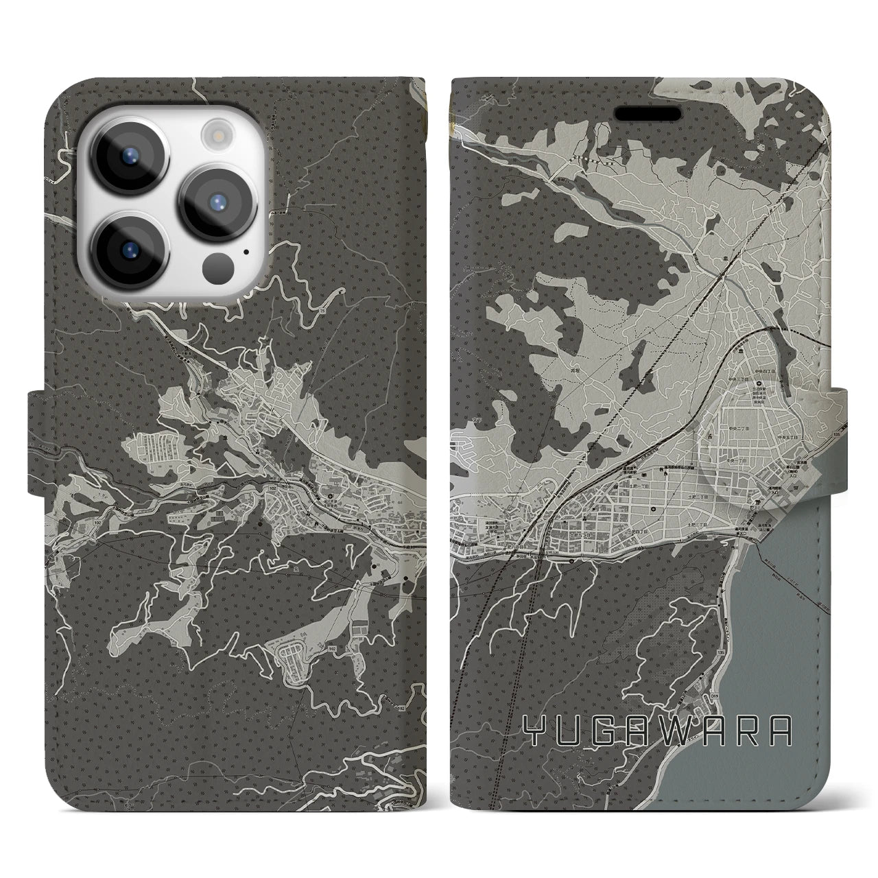 【湯河原(神奈川県)】地図柄iPhoneケース(手帳タイプ)モノトーン・iPhone 14 Pro 用