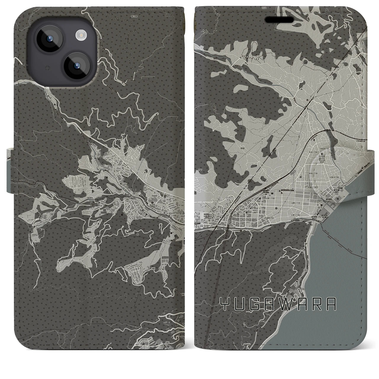 【湯河原(神奈川県)】地図柄iPhoneケース(手帳タイプ)モノトーン・iPhone 14 Plus 用