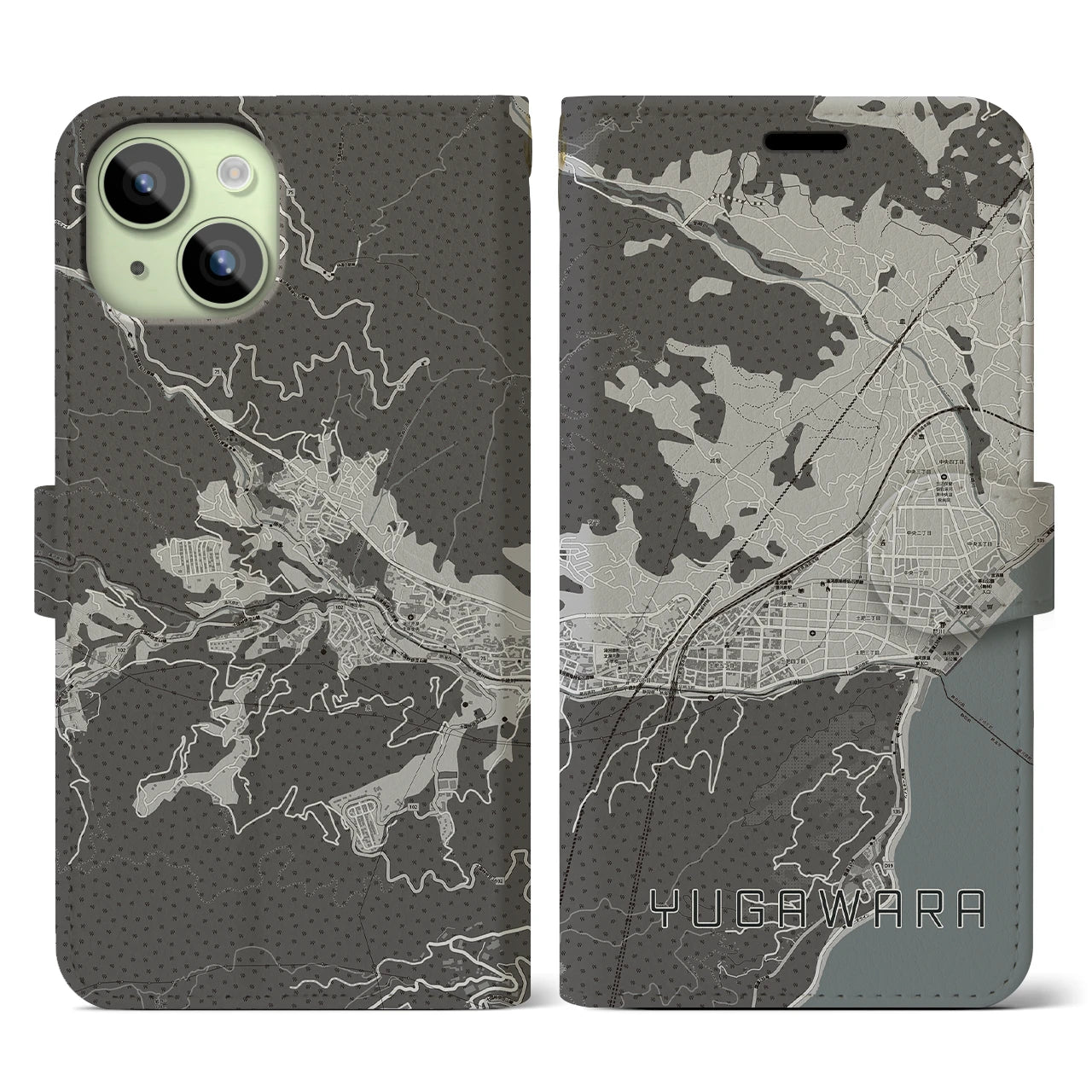 【湯河原(神奈川県)】地図柄iPhoneケース(手帳タイプ)モノトーン・iPhone 15 用