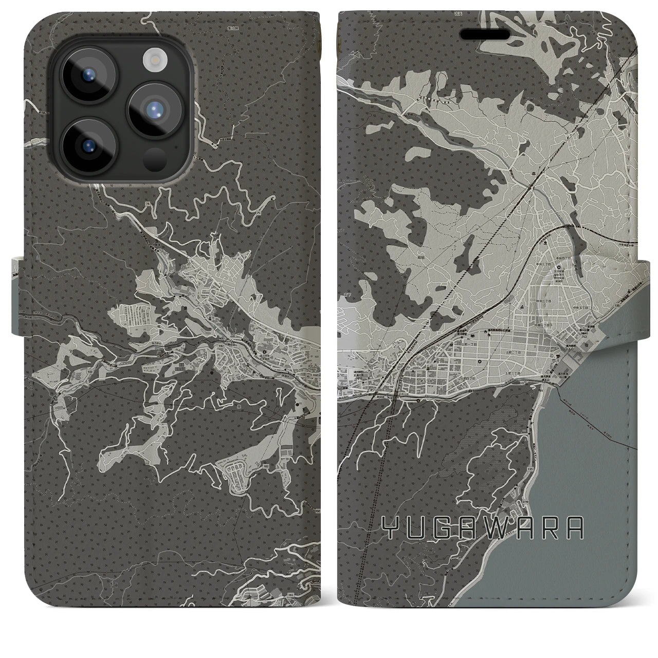 【湯河原(神奈川県)】地図柄iPhoneケース(手帳タイプ)モノトーン・iPhone 15 Pro Max 用