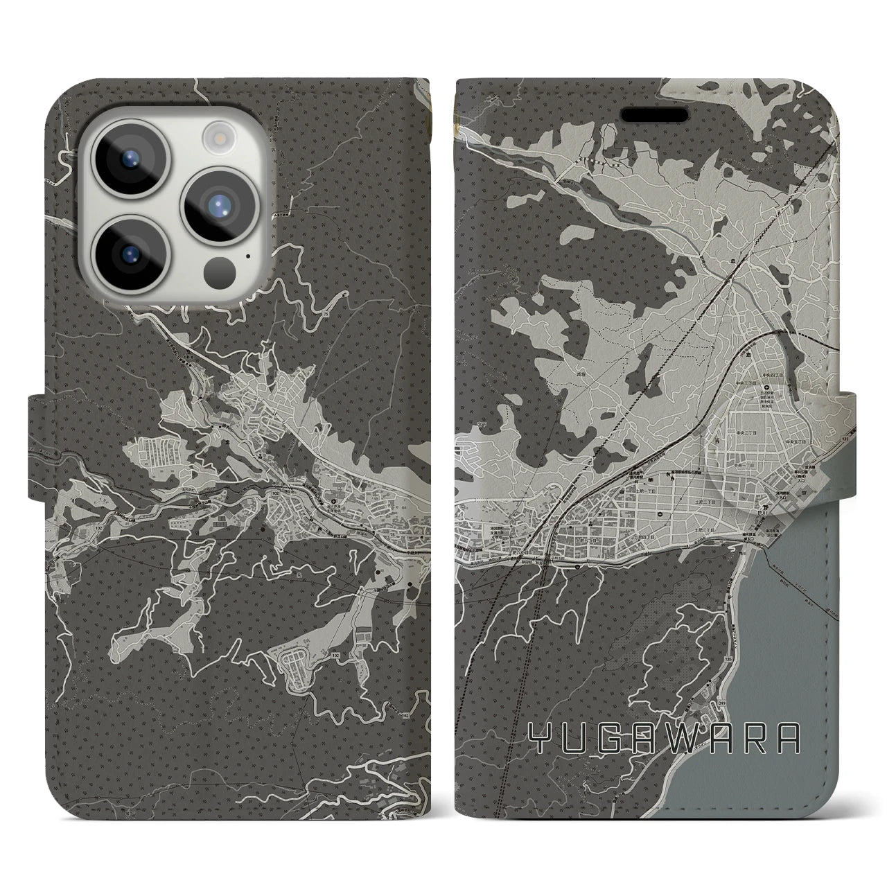 【湯河原(神奈川県)】地図柄iPhoneケース(手帳タイプ)モノトーン・iPhone 15 Pro 用