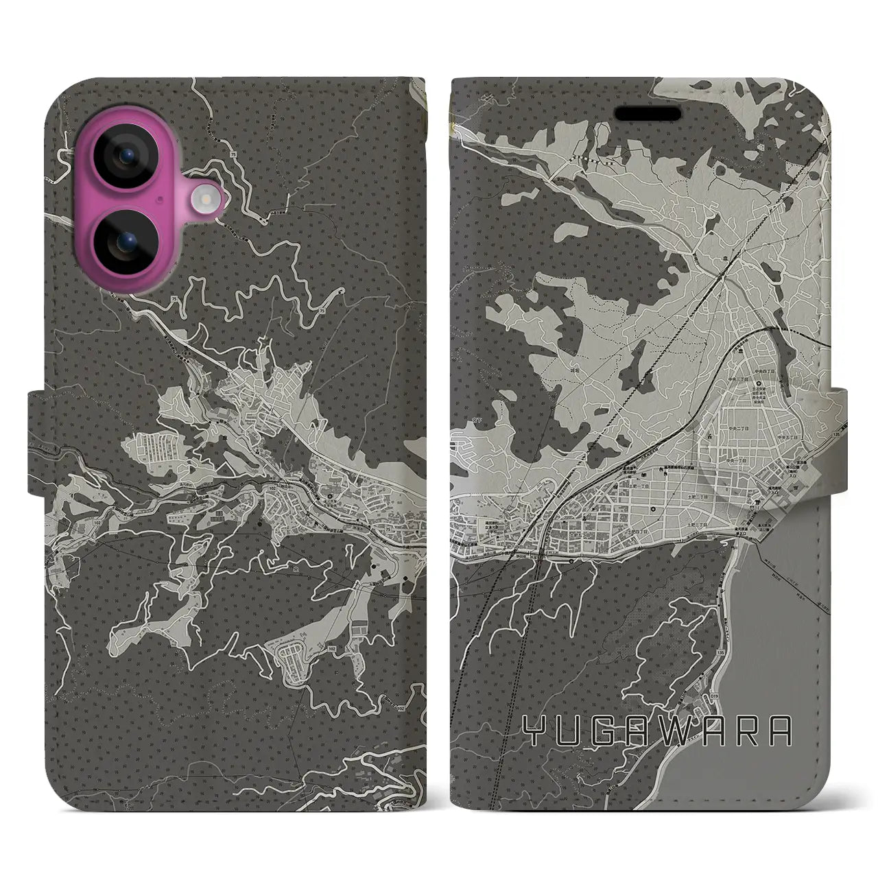 【湯河原(神奈川県)】地図柄iPhoneケース(手帳タイプ)モノトーン・iPhone 16 Pro 用