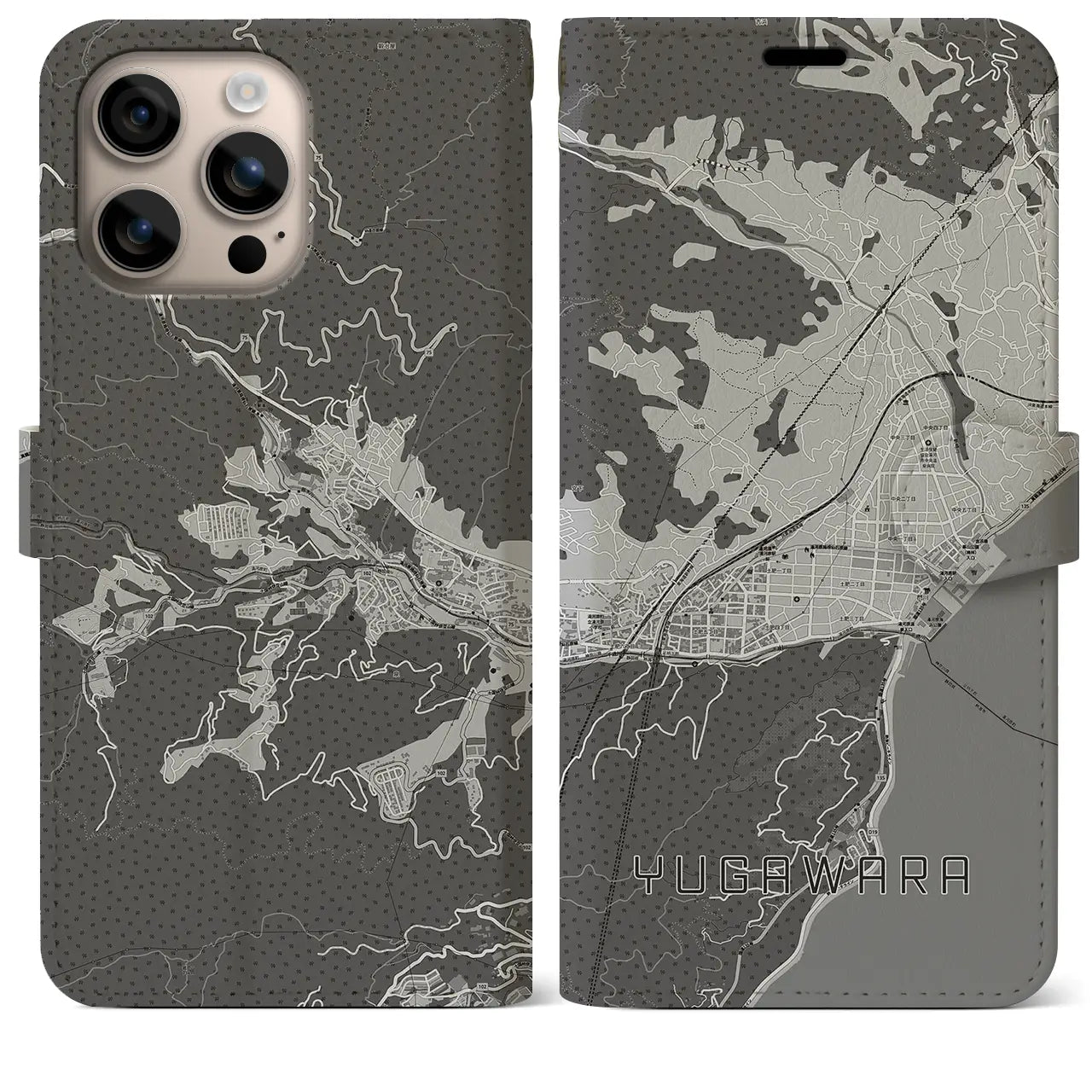 【湯河原(神奈川県)】地図柄iPhoneケース(手帳タイプ)モノトーン・iPhone 16 Plus 用