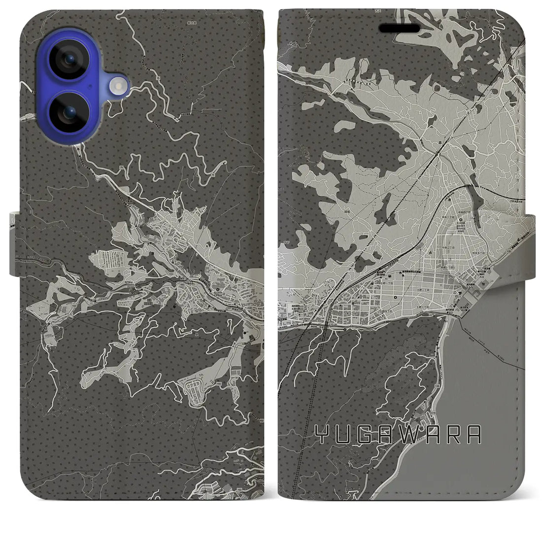 【湯河原(神奈川県)】地図柄iPhoneケース(手帳タイプ)モノトーン・iPhone 16 Pro Max 用