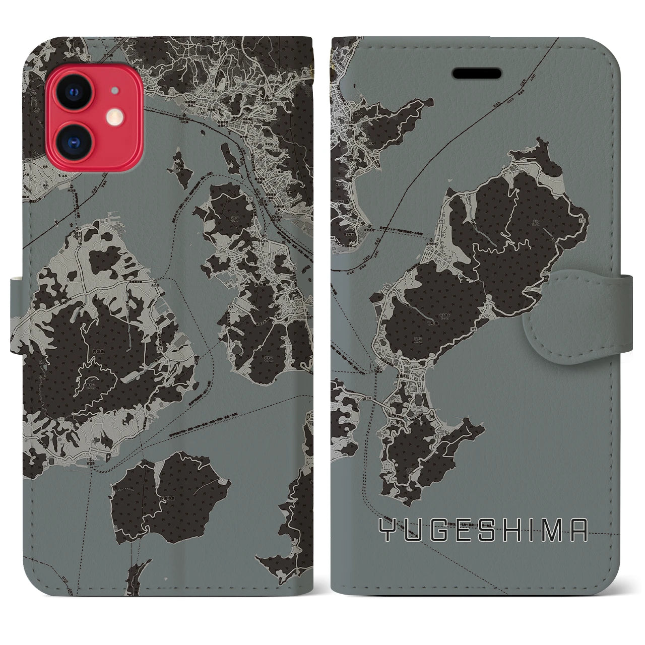 【弓削島(愛媛県)】地図柄iPhoneケース(手帳タイプ)モノトーン・iPhone 11 用