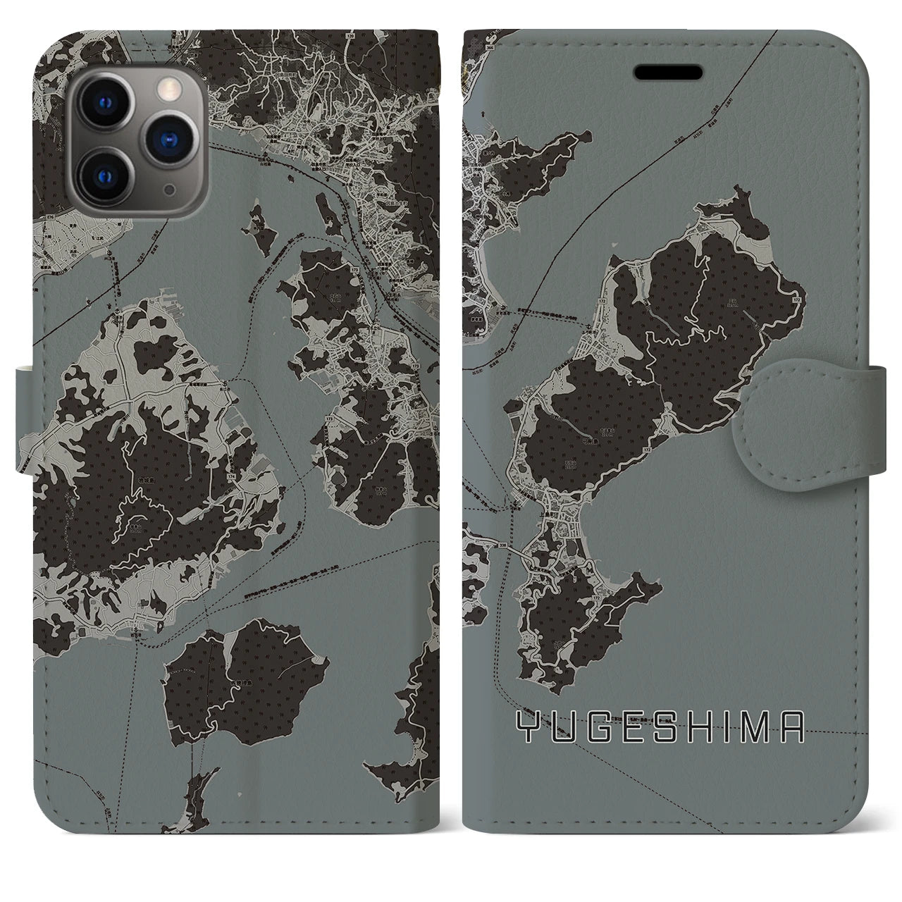 【弓削島(愛媛県)】地図柄iPhoneケース(手帳タイプ)モノトーン・iPhone 11 Pro Max 用