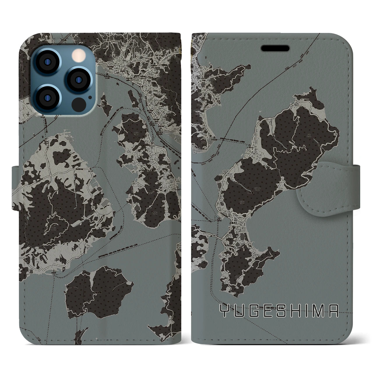 【弓削島(愛媛県)】地図柄iPhoneケース(手帳タイプ)モノトーン・iPhone 12 / 12 Pro 用