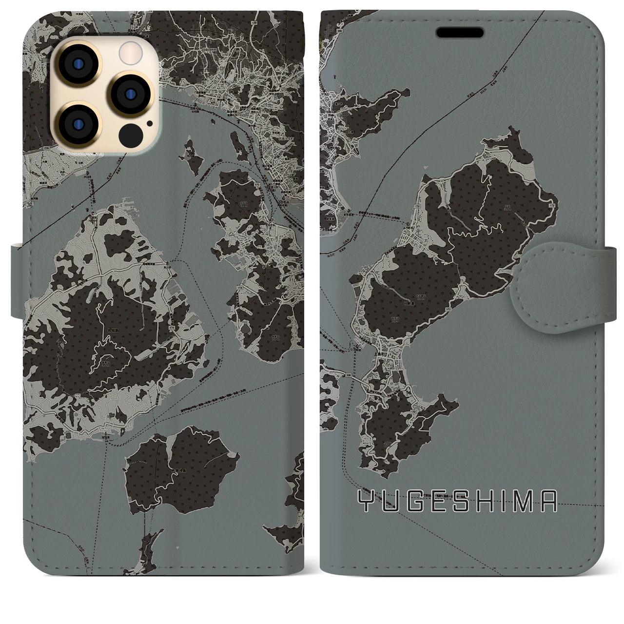 【弓削島(愛媛県)】地図柄iPhoneケース(手帳タイプ)モノトーン・iPhone 12 Pro Max 用