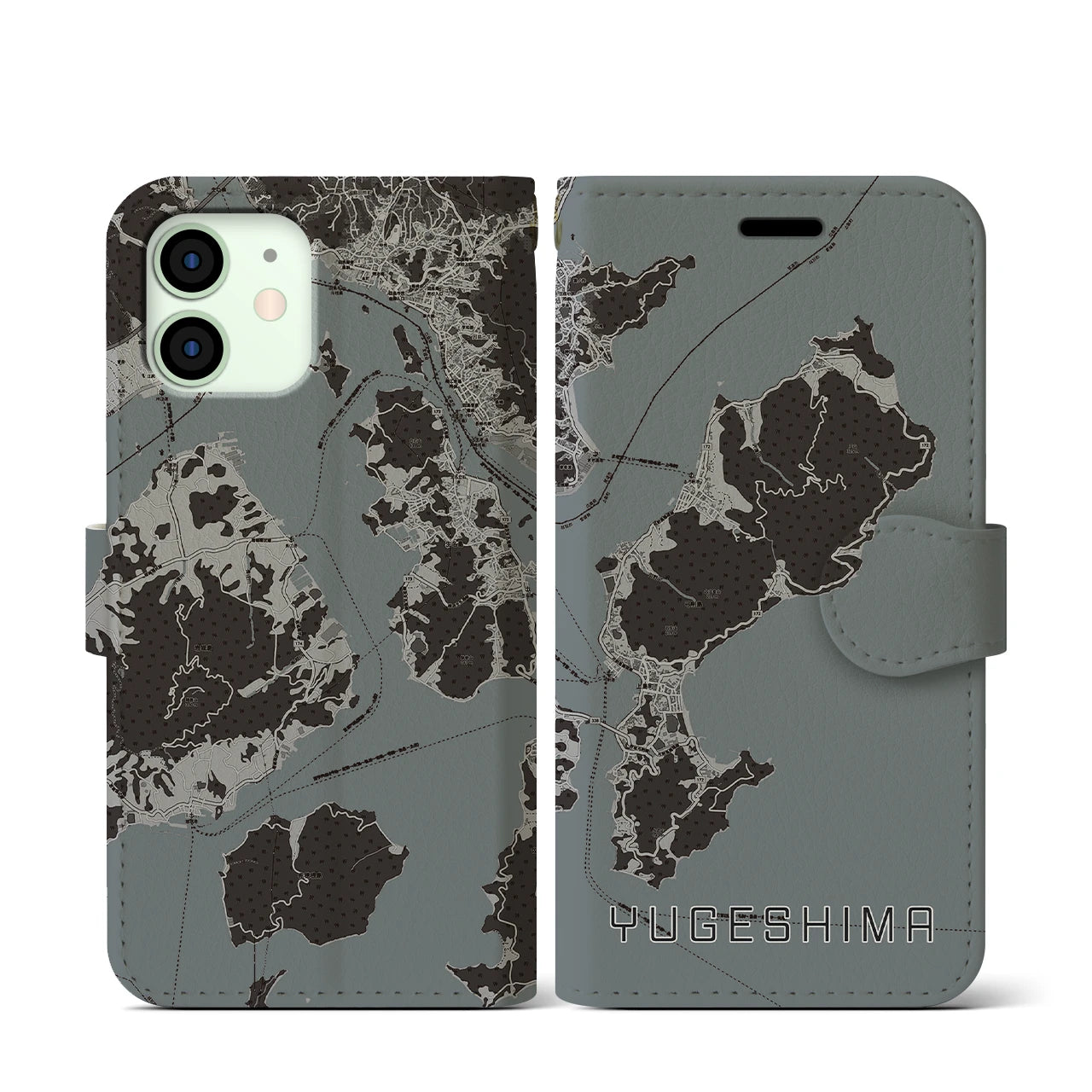 【弓削島(愛媛県)】地図柄iPhoneケース(手帳タイプ)モノトーン・iPhone 12 mini 用