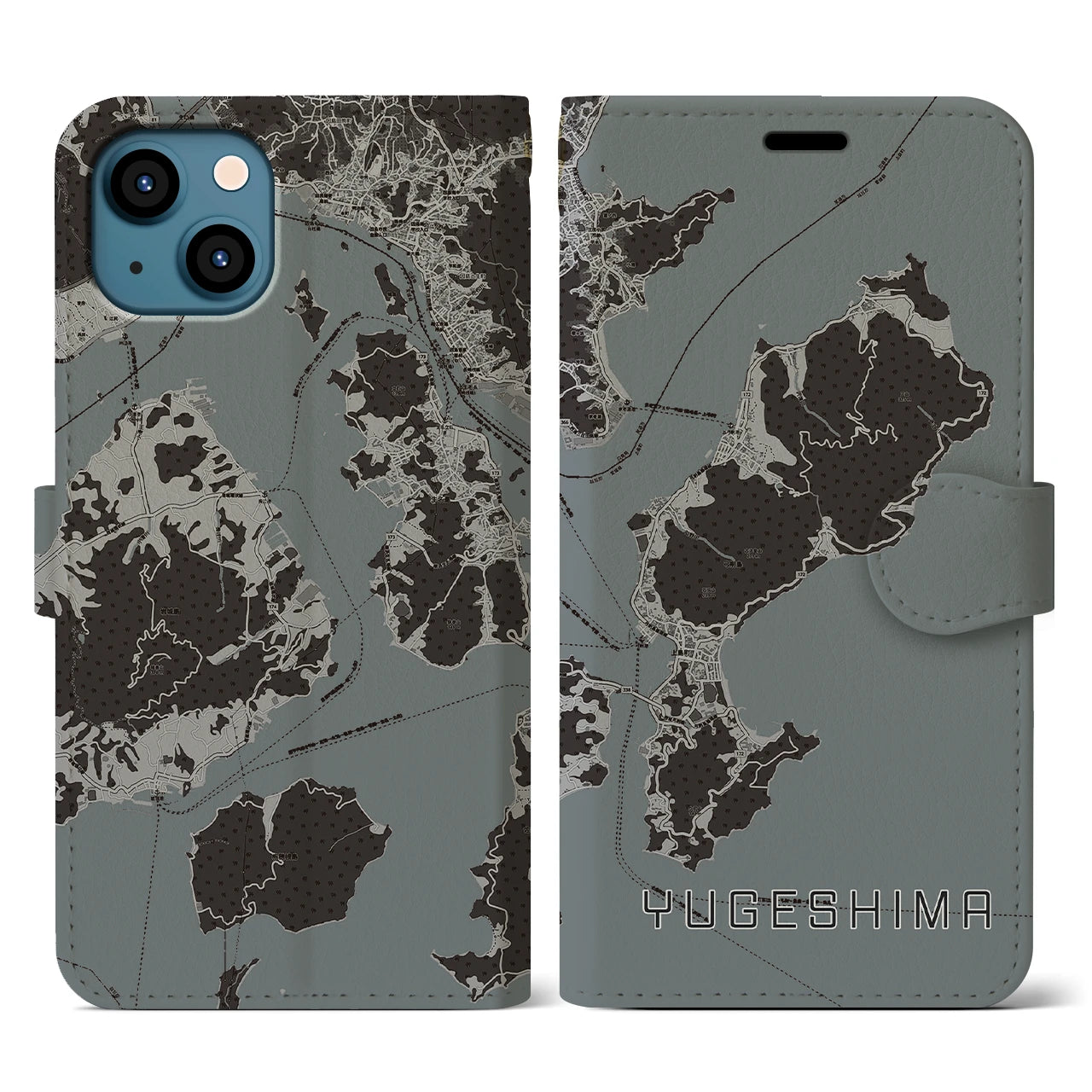 【弓削島(愛媛県)】地図柄iPhoneケース(手帳タイプ)モノトーン・iPhone 13 用
