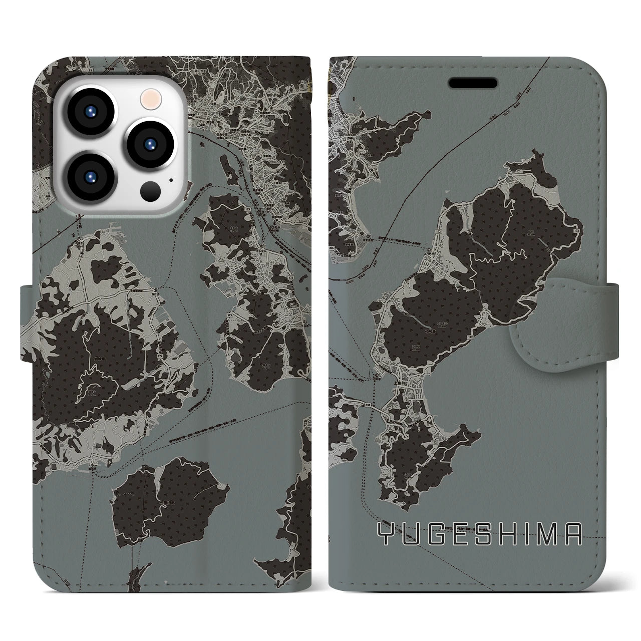 【弓削島(愛媛県)】地図柄iPhoneケース(手帳タイプ)モノトーン・iPhone 13 Pro 用