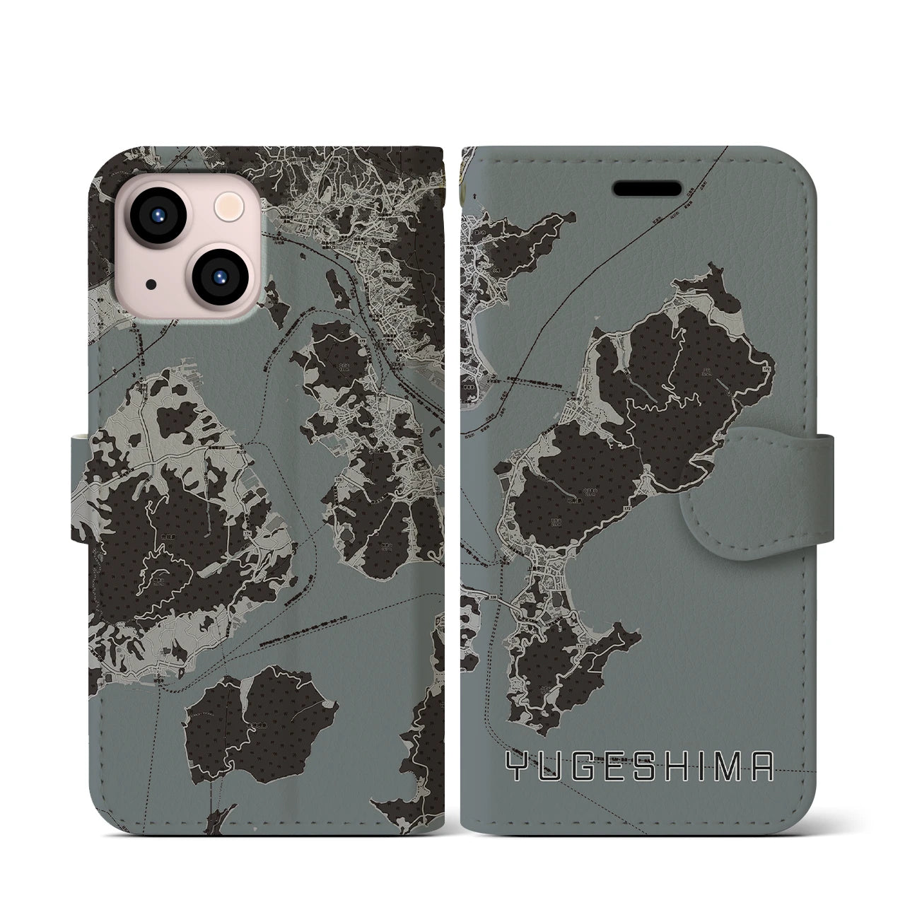 【弓削島(愛媛県)】地図柄iPhoneケース(手帳タイプ)モノトーン・iPhone 13 mini 用