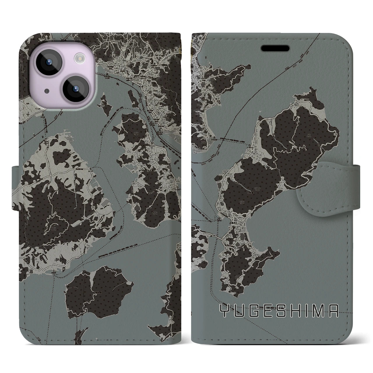【弓削島(愛媛県)】地図柄iPhoneケース(手帳タイプ)モノトーン・iPhone 14 用