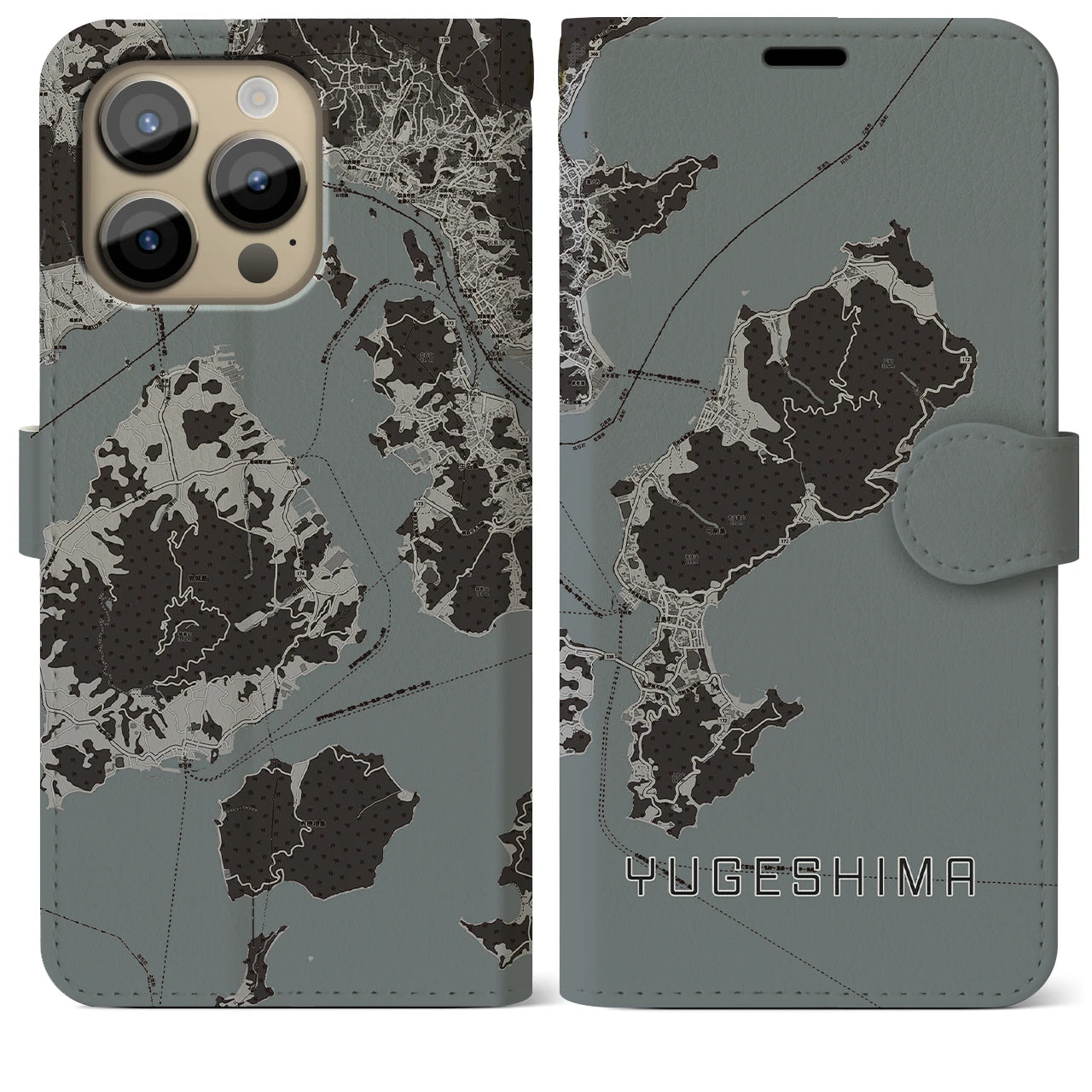 【弓削島(愛媛県)】地図柄iPhoneケース(手帳タイプ)モノトーン・iPhone 14 Pro Max 用