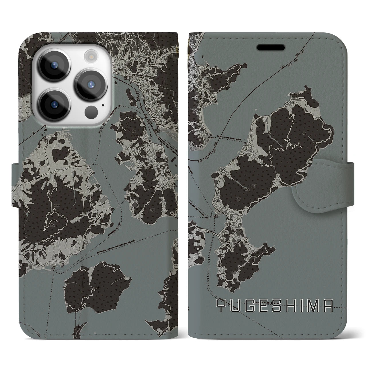 【弓削島(愛媛県)】地図柄iPhoneケース(手帳タイプ)モノトーン・iPhone 14 Pro 用