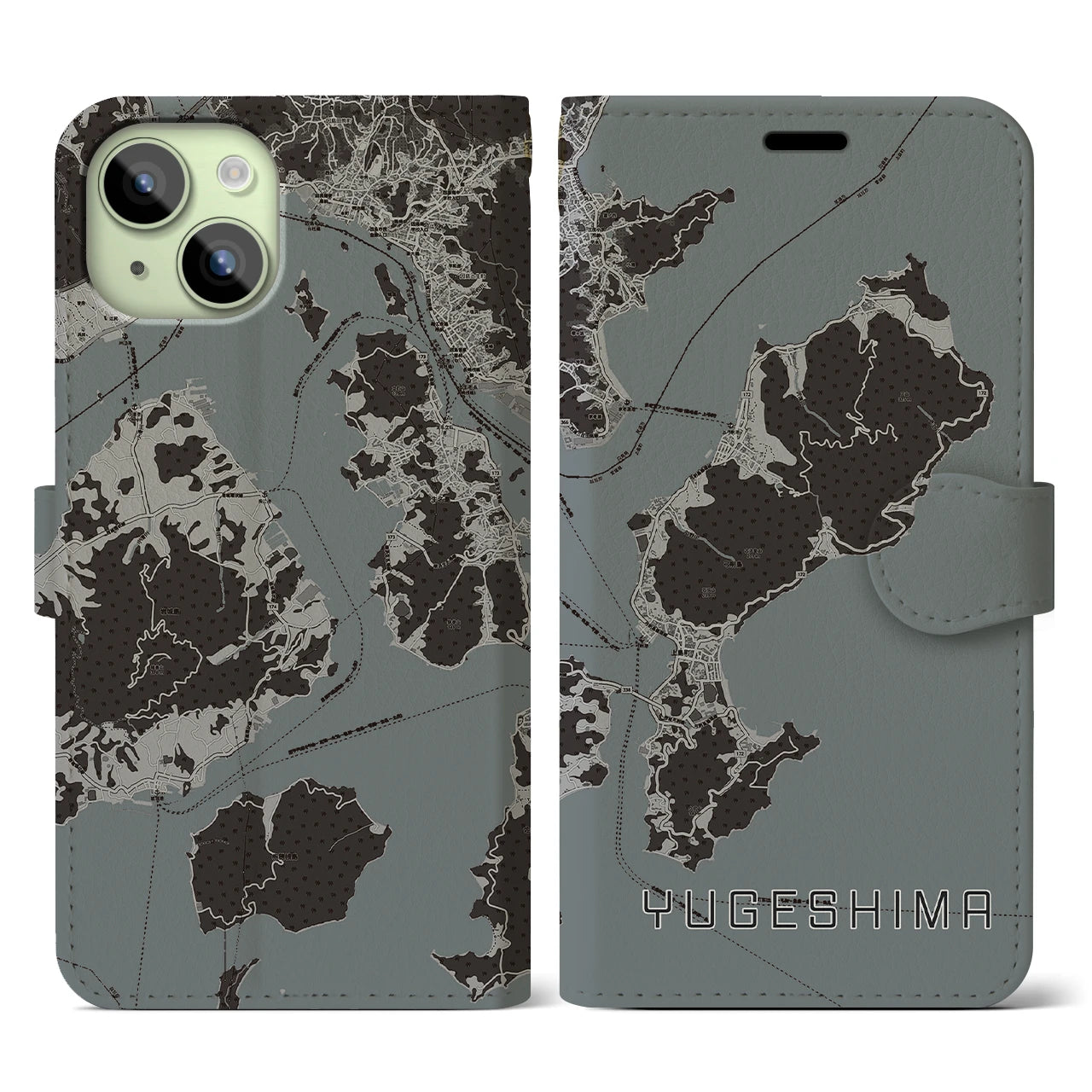 【弓削島(愛媛県)】地図柄iPhoneケース(手帳タイプ)モノトーン・iPhone 15 用
