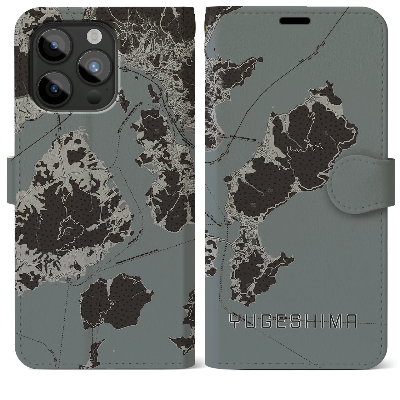 【弓削島(愛媛県)】地図柄iPhoneケース(手帳タイプ)モノトーン・iPhone 15 Pro Max 用