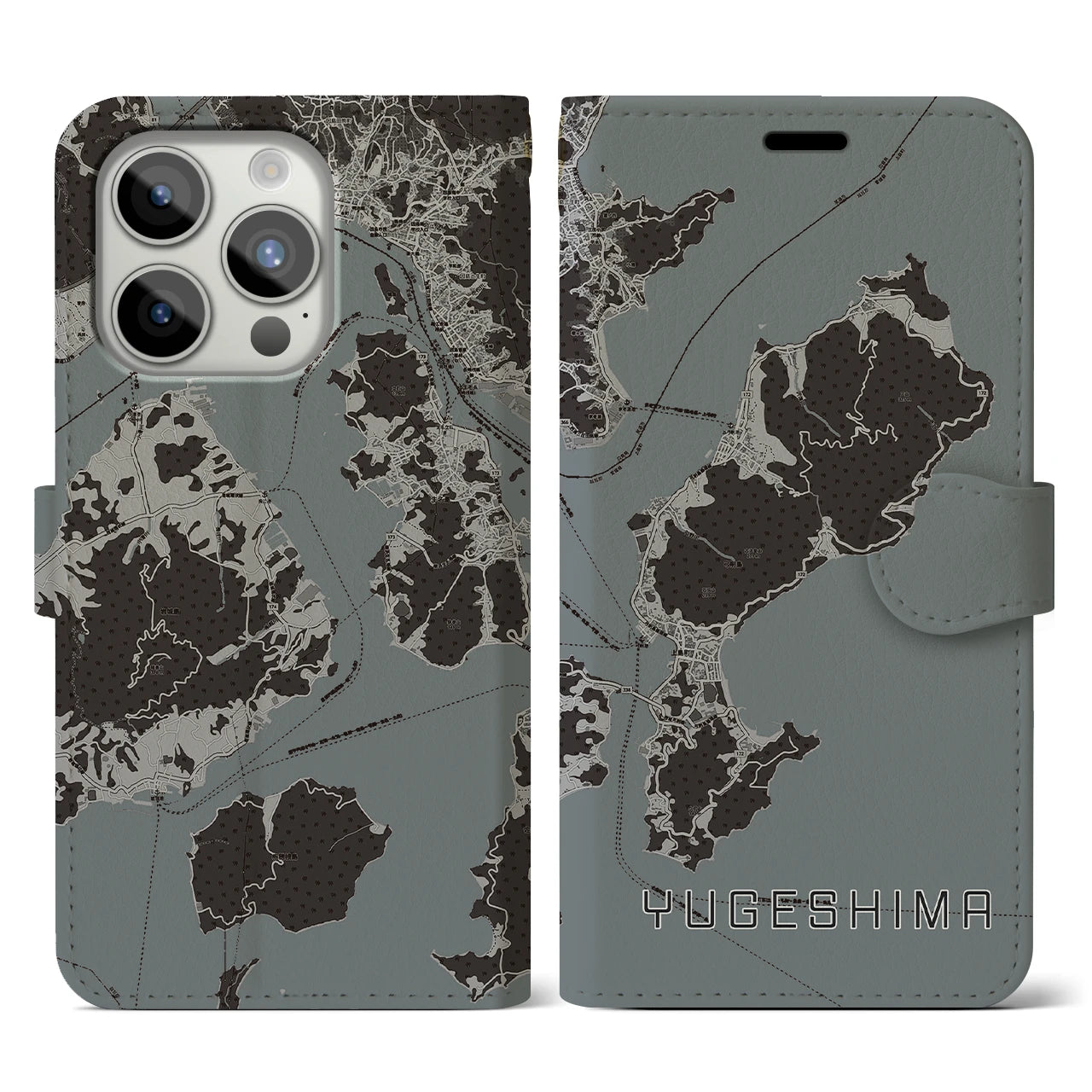 【弓削島(愛媛県)】地図柄iPhoneケース(手帳タイプ)モノトーン・iPhone 15 Pro 用