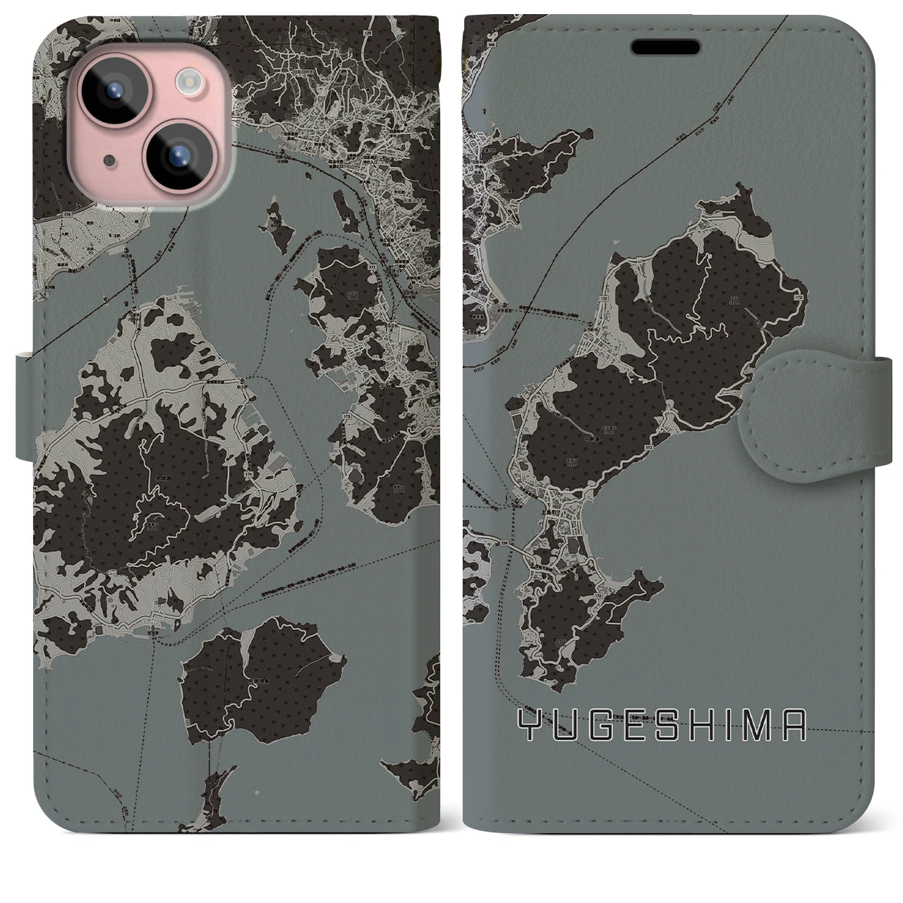 【弓削島(愛媛県)】地図柄iPhoneケース(手帳タイプ)モノトーン・iPhone 15 Plus 用