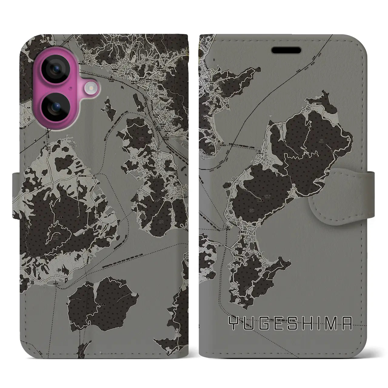 【弓削島(愛媛県)】地図柄iPhoneケース(手帳タイプ)モノトーン・iPhone 16 Pro 用