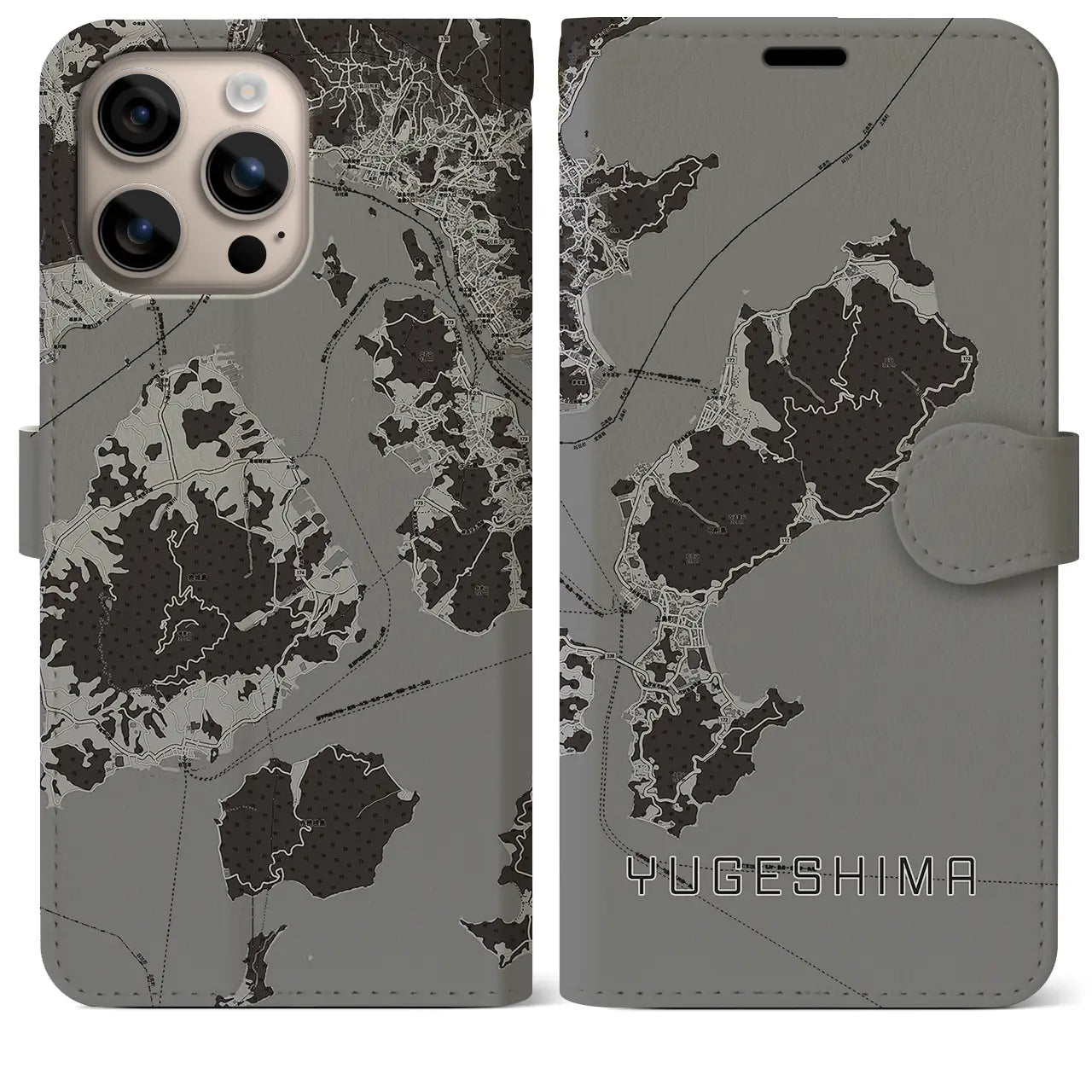 【弓削島(愛媛県)】地図柄iPhoneケース(手帳タイプ)モノトーン・iPhone 16 Plus 用