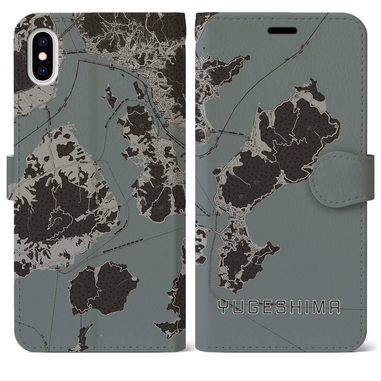 【弓削島(愛媛県)】地図柄iPhoneケース(手帳タイプ)モノトーン・iPhone XS Max 用