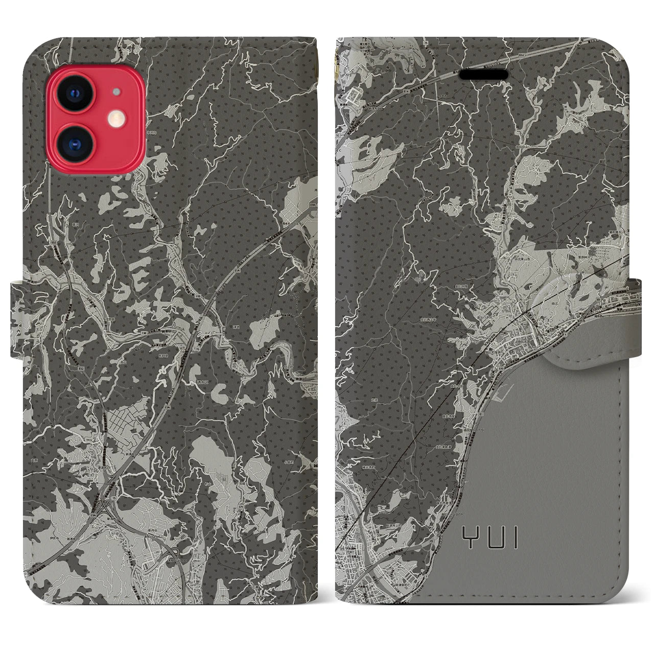 【由比(静岡県)】地図柄iPhoneケース(手帳タイプ)モノトーン・iPhone 11 用