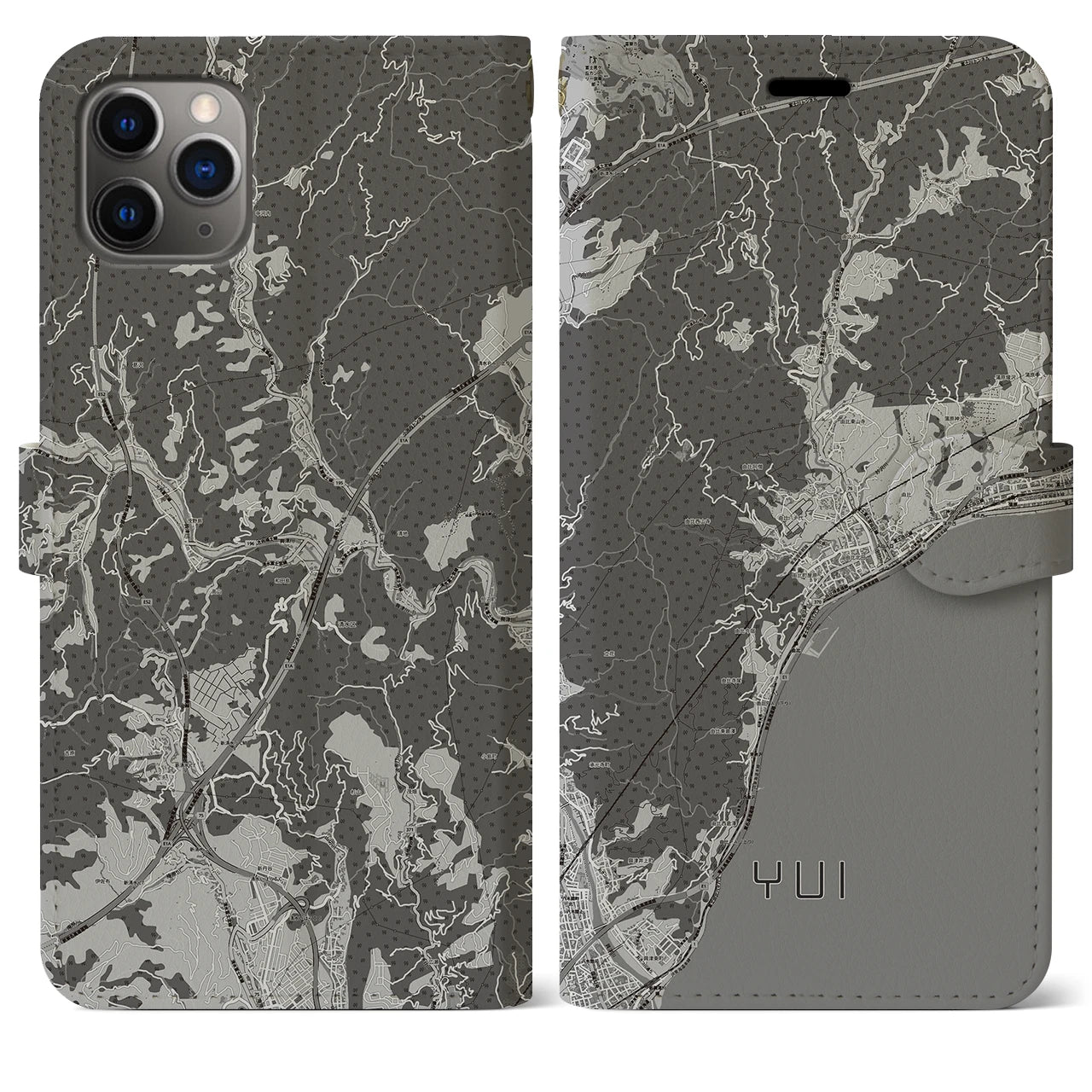 【由比(静岡県)】地図柄iPhoneケース(手帳タイプ)モノトーン・iPhone 11 Pro Max 用