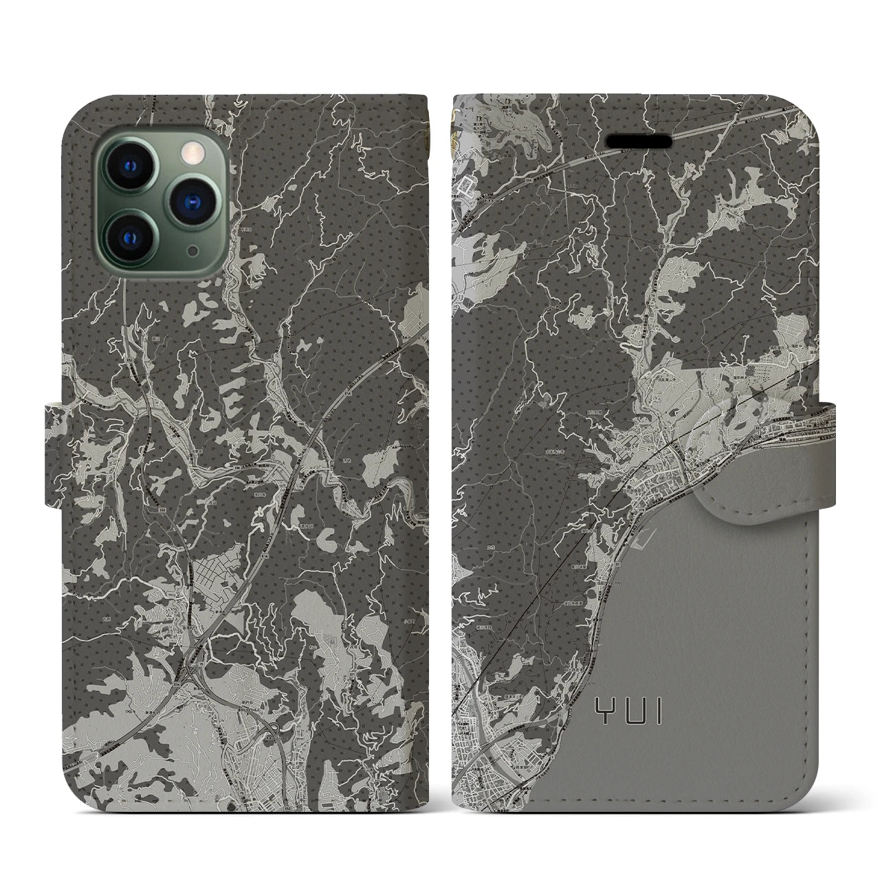 【由比(静岡県)】地図柄iPhoneケース(手帳タイプ)モノトーン・iPhone 11 Pro 用