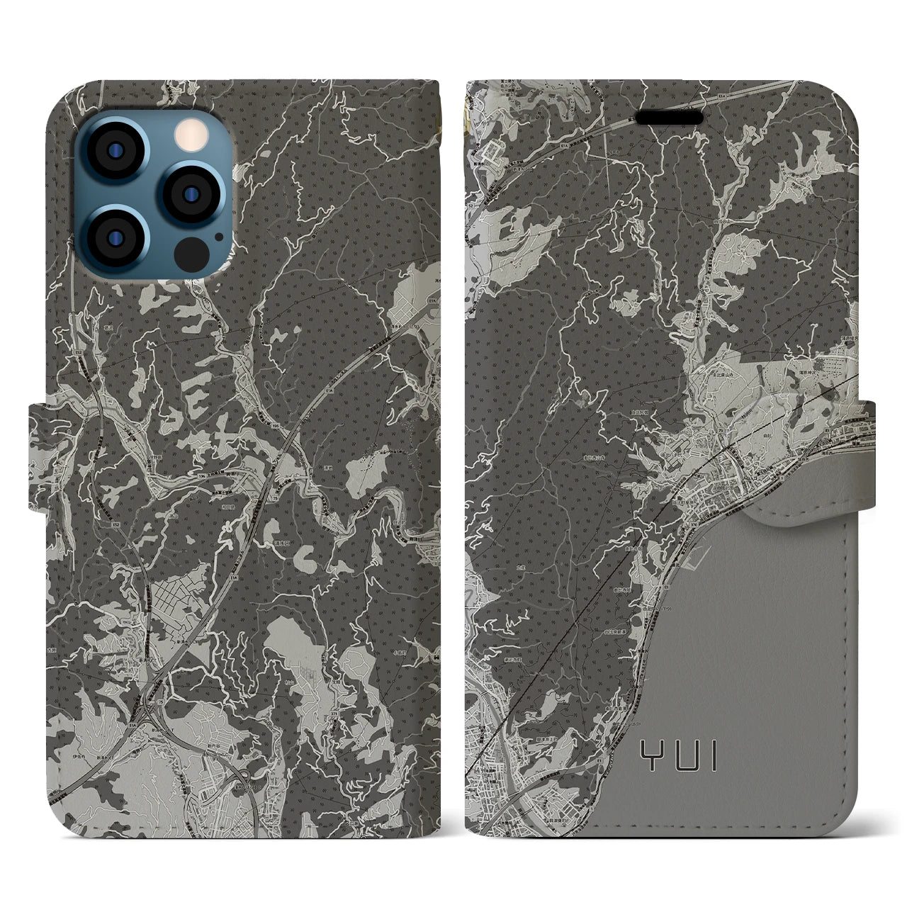【由比(静岡県)】地図柄iPhoneケース(手帳タイプ)モノトーン・iPhone 12 / 12 Pro 用