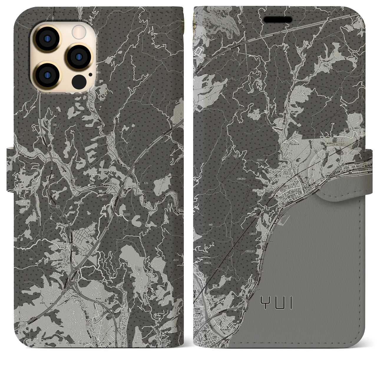 【由比(静岡県)】地図柄iPhoneケース(手帳タイプ)モノトーン・iPhone 12 Pro Max 用