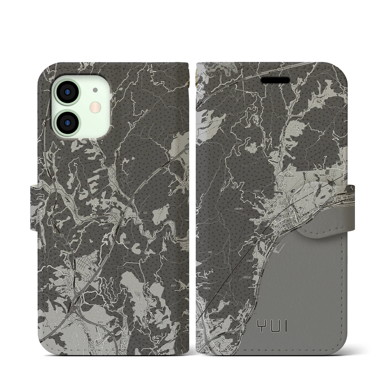 【由比(静岡県)】地図柄iPhoneケース(手帳タイプ)モノトーン・iPhone 12 mini 用
