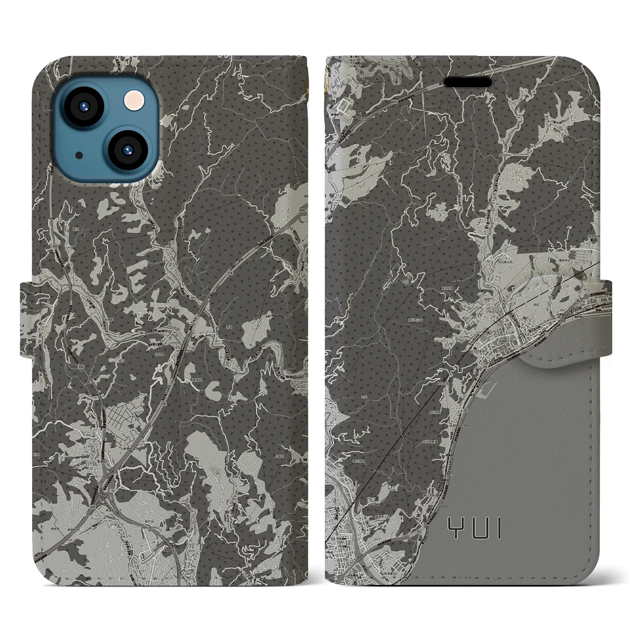 【由比(静岡県)】地図柄iPhoneケース(手帳タイプ)モノトーン・iPhone 13 用