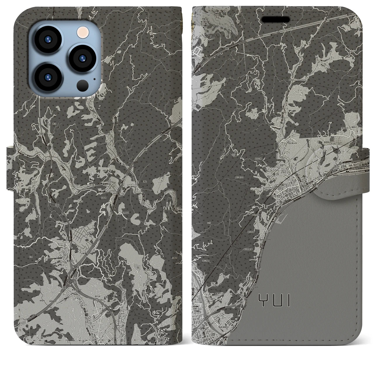 【由比(静岡県)】地図柄iPhoneケース(手帳タイプ)モノトーン・iPhone 13 Pro Max 用