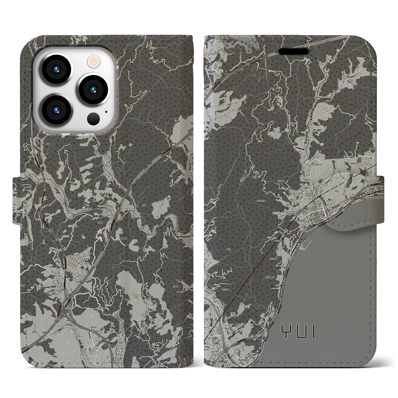 【由比(静岡県)】地図柄iPhoneケース(手帳タイプ)モノトーン・iPhone 13 Pro 用