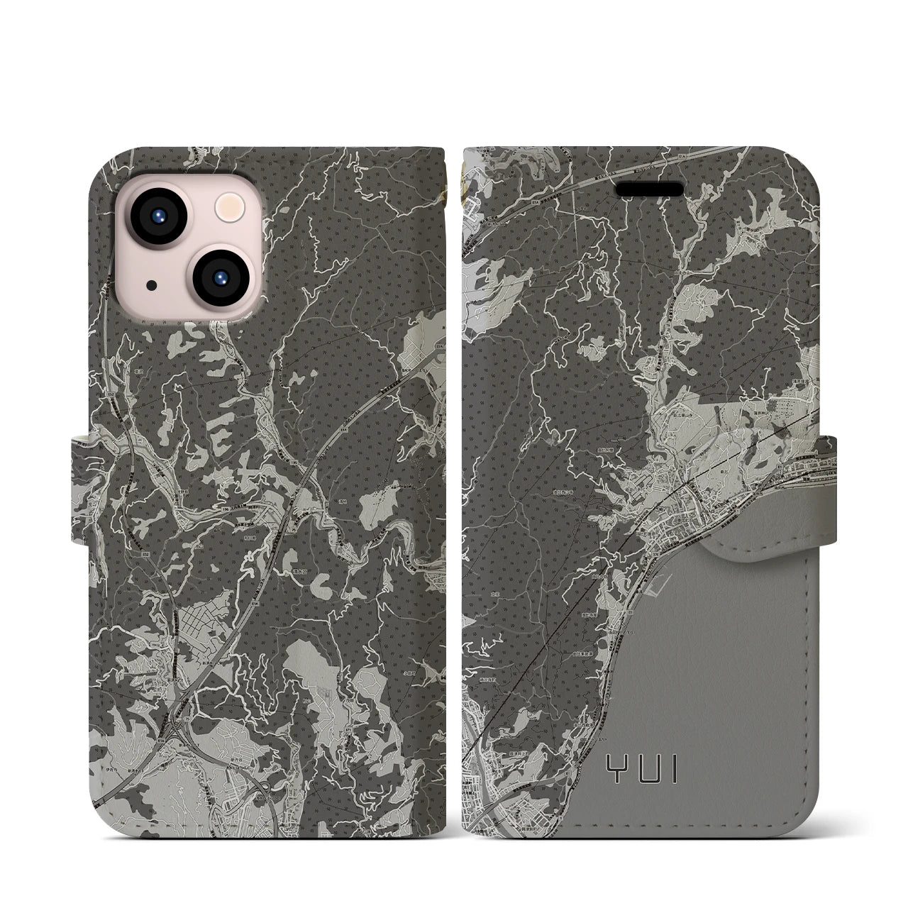 【由比(静岡県)】地図柄iPhoneケース(手帳タイプ)モノトーン・iPhone 13 mini 用