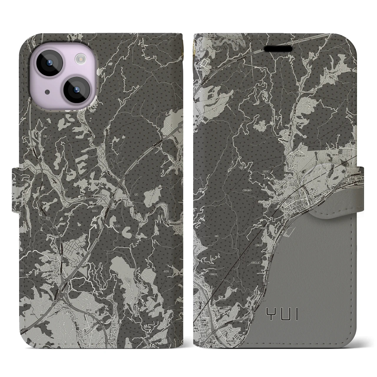 【由比(静岡県)】地図柄iPhoneケース(手帳タイプ)モノトーン・iPhone 14 用