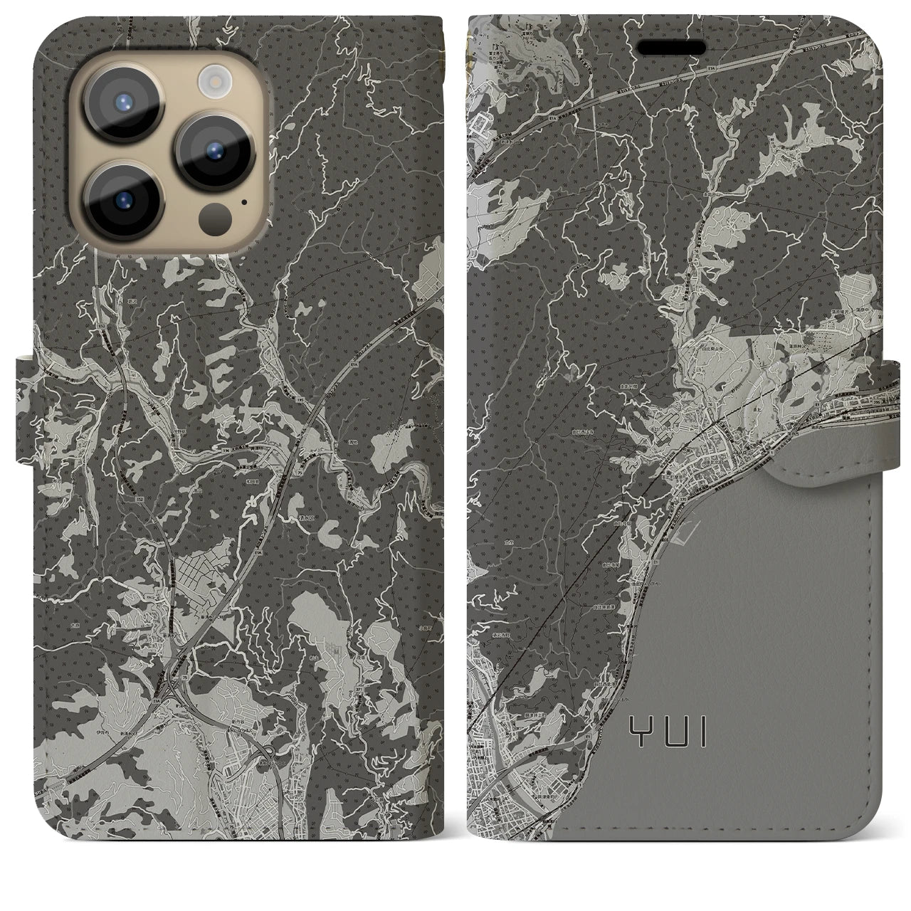 【由比(静岡県)】地図柄iPhoneケース(手帳タイプ)モノトーン・iPhone 14 Pro Max 用