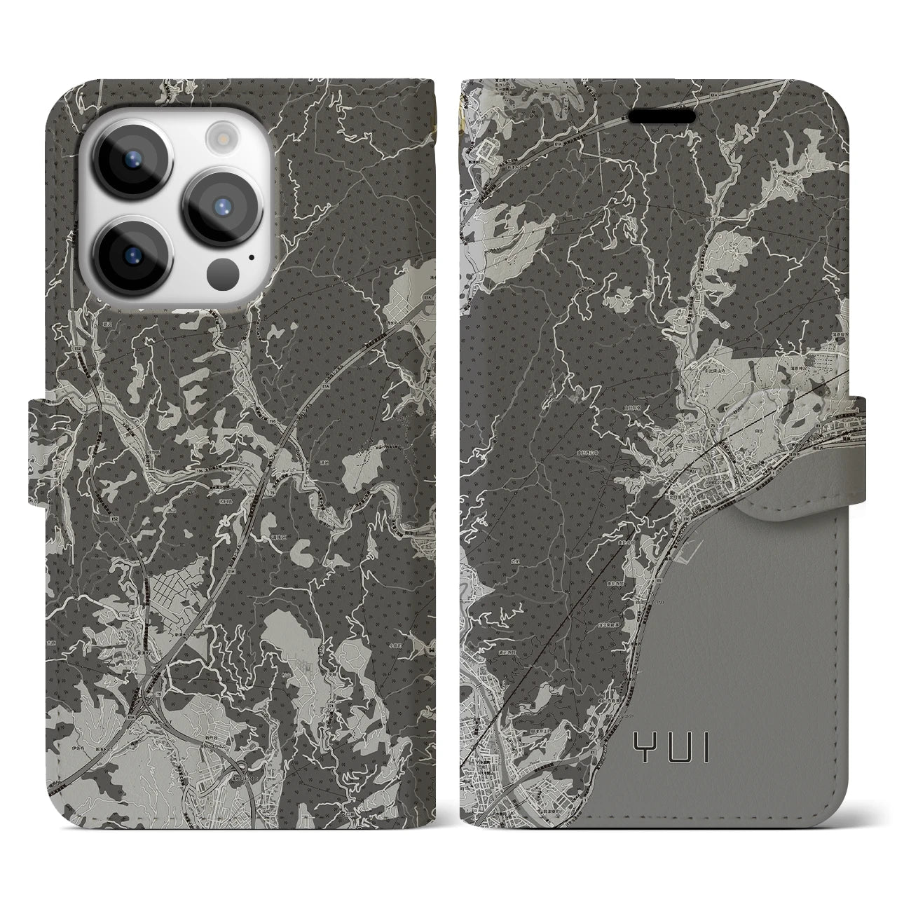 【由比(静岡県)】地図柄iPhoneケース(手帳タイプ)モノトーン・iPhone 14 Pro 用