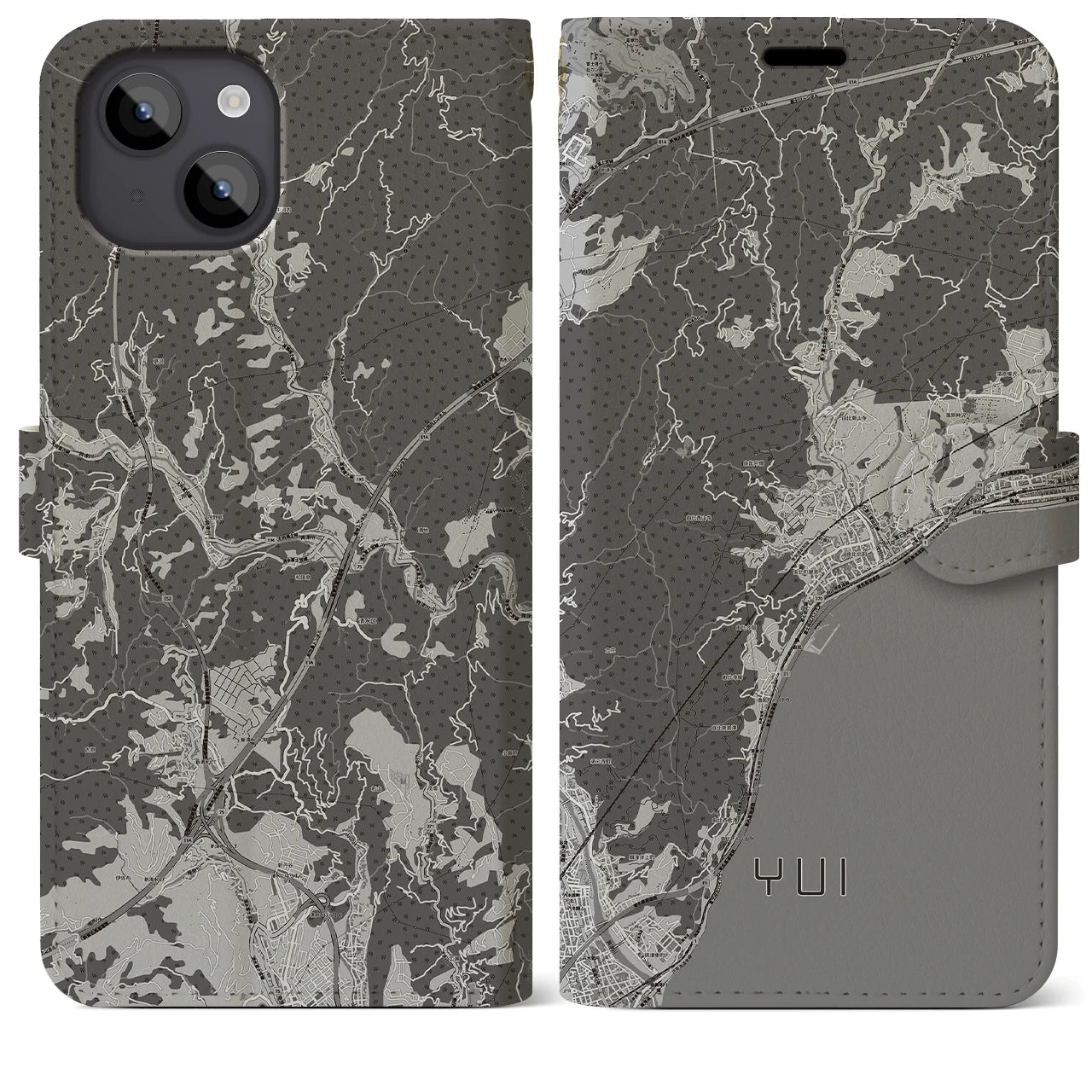 【由比(静岡県)】地図柄iPhoneケース(手帳タイプ)モノトーン・iPhone 14 Plus 用