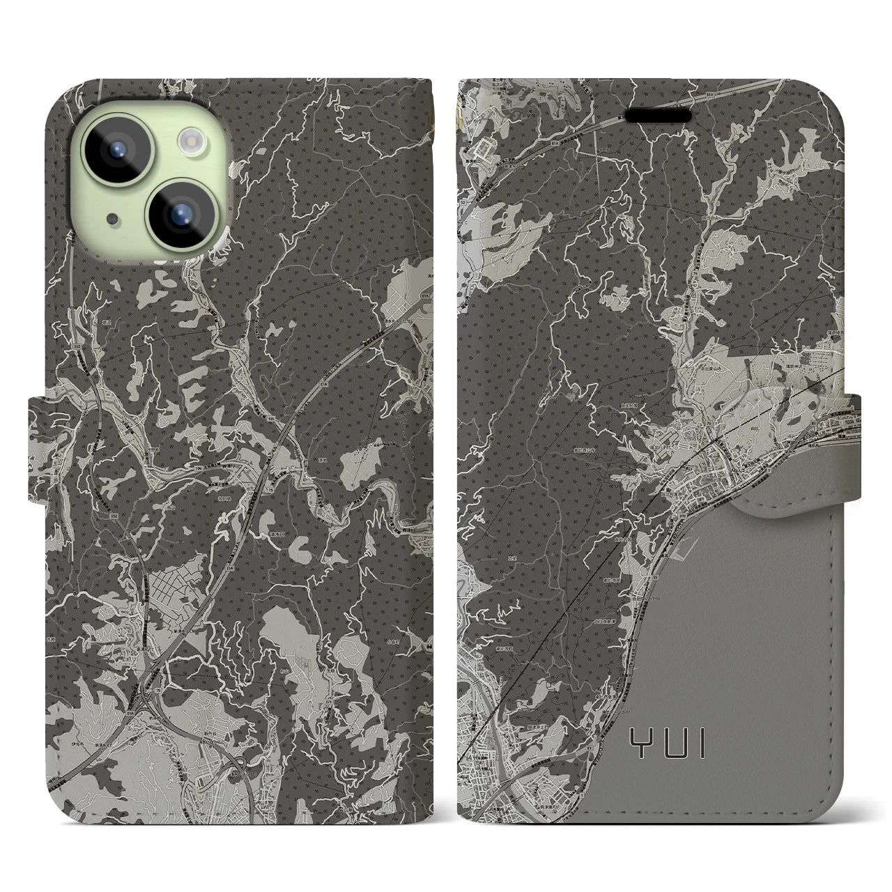 【由比(静岡県)】地図柄iPhoneケース(手帳タイプ)モノトーン・iPhone 15 用