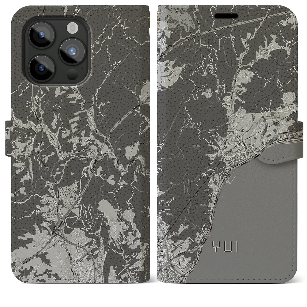 【由比(静岡県)】地図柄iPhoneケース(手帳タイプ)モノトーン・iPhone 15 Pro Max 用