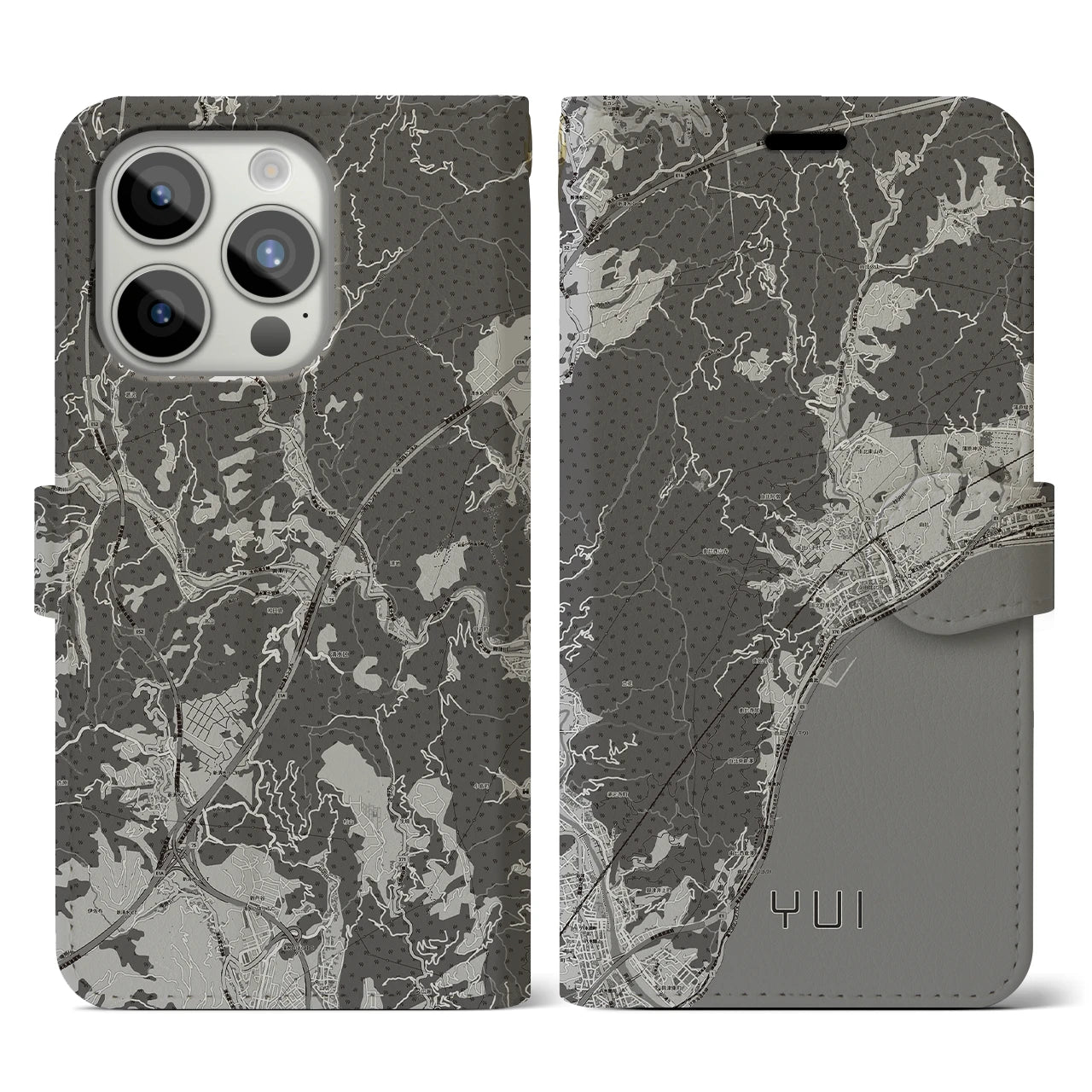 【由比(静岡県)】地図柄iPhoneケース(手帳タイプ)モノトーン・iPhone 15 Pro 用