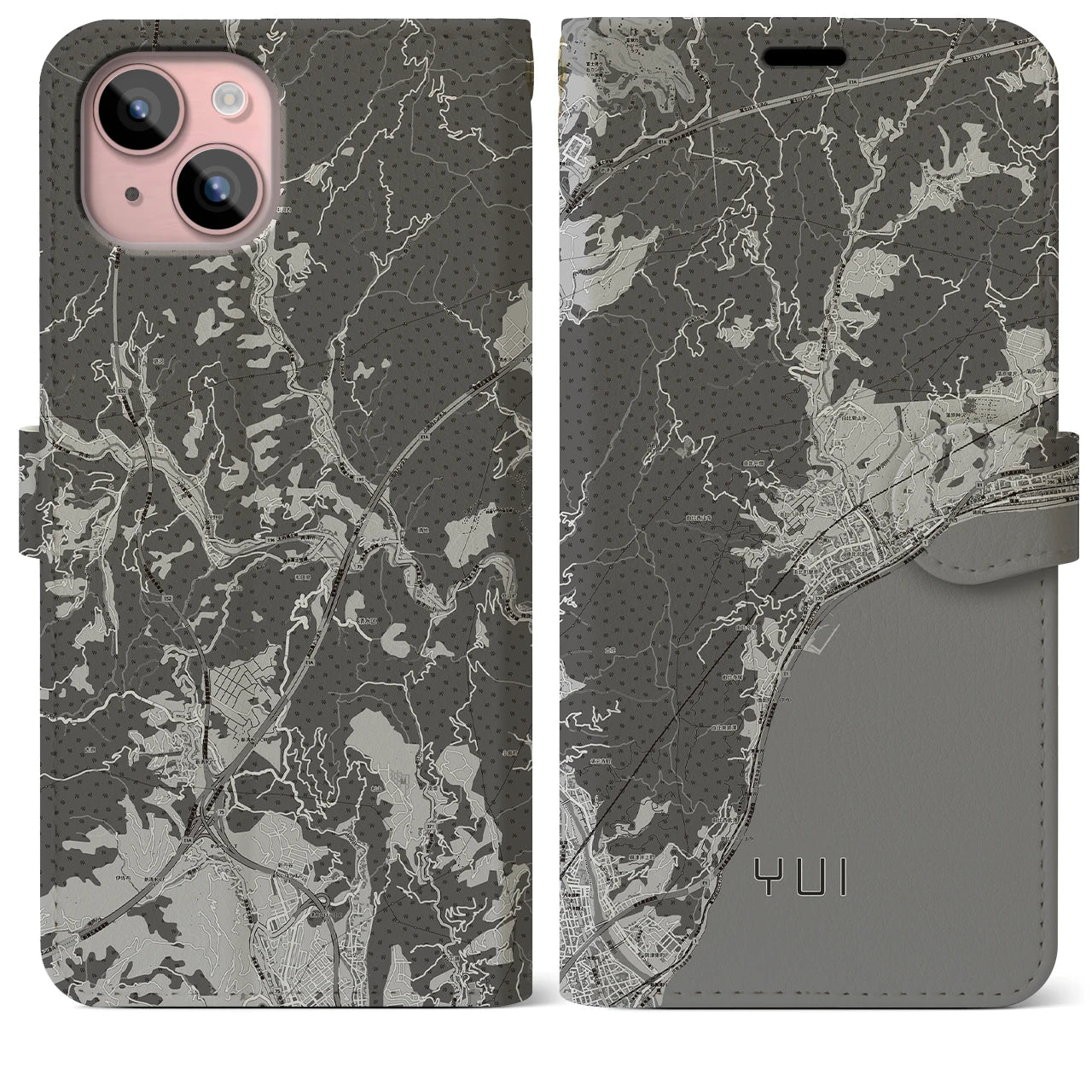 【由比(静岡県)】地図柄iPhoneケース(手帳タイプ)モノトーン・iPhone 15 Plus 用