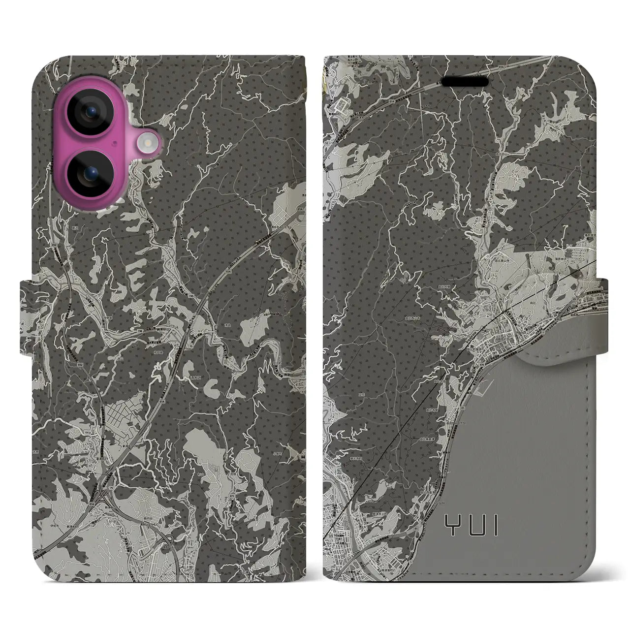 【由比(静岡県)】地図柄iPhoneケース(手帳タイプ)モノトーン・iPhone 16 Pro 用