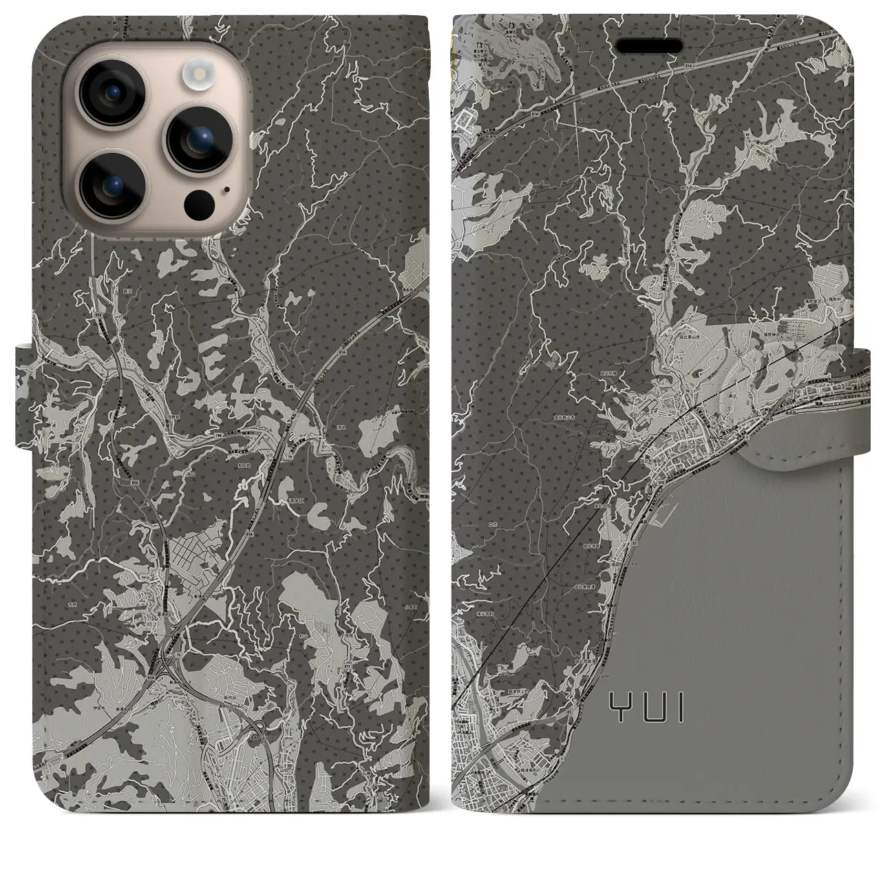 【由比(静岡県)】地図柄iPhoneケース(手帳タイプ)モノトーン・iPhone 16 Plus 用