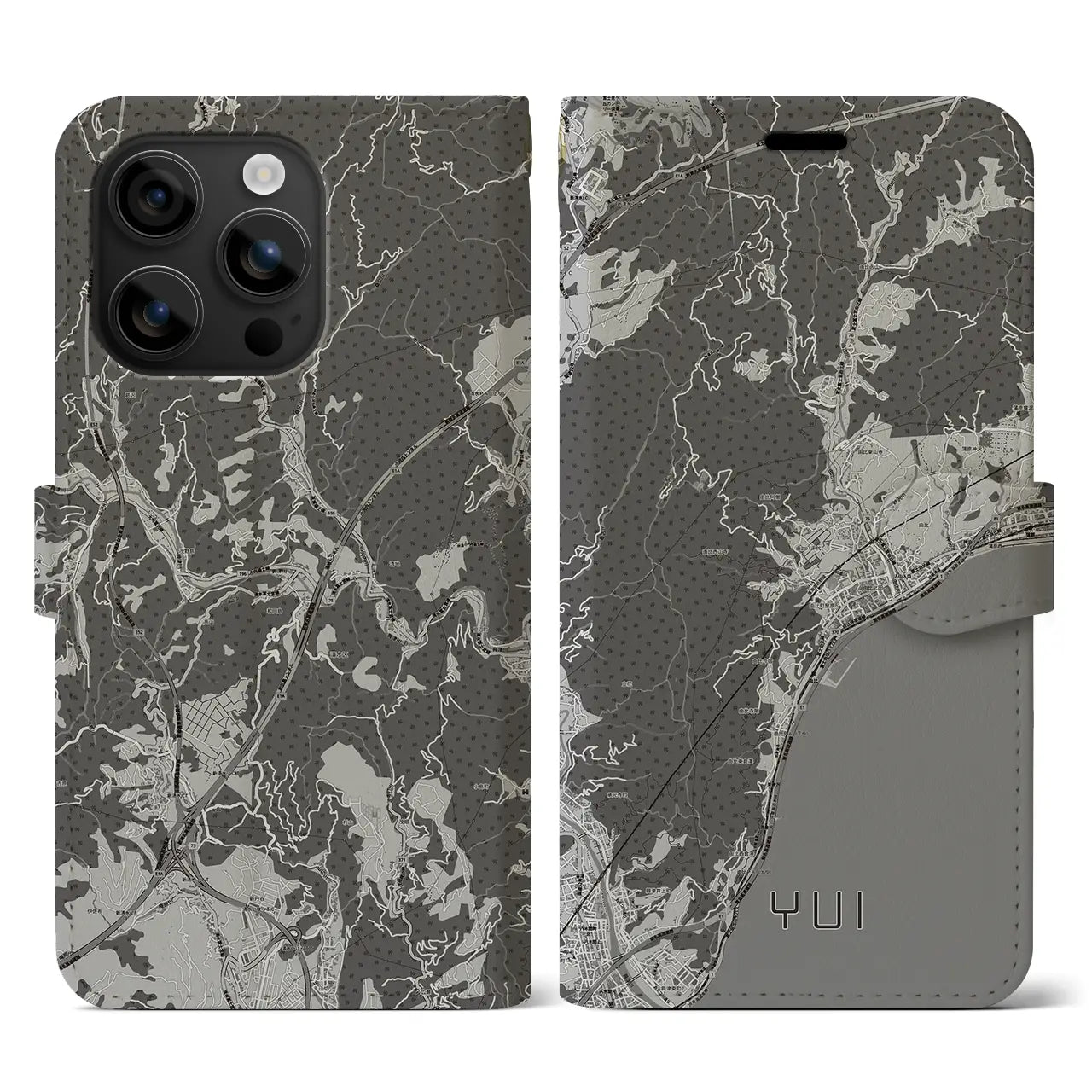 【由比(静岡県)】地図柄iPhoneケース(手帳タイプ)モノトーン・iPhone 16 用